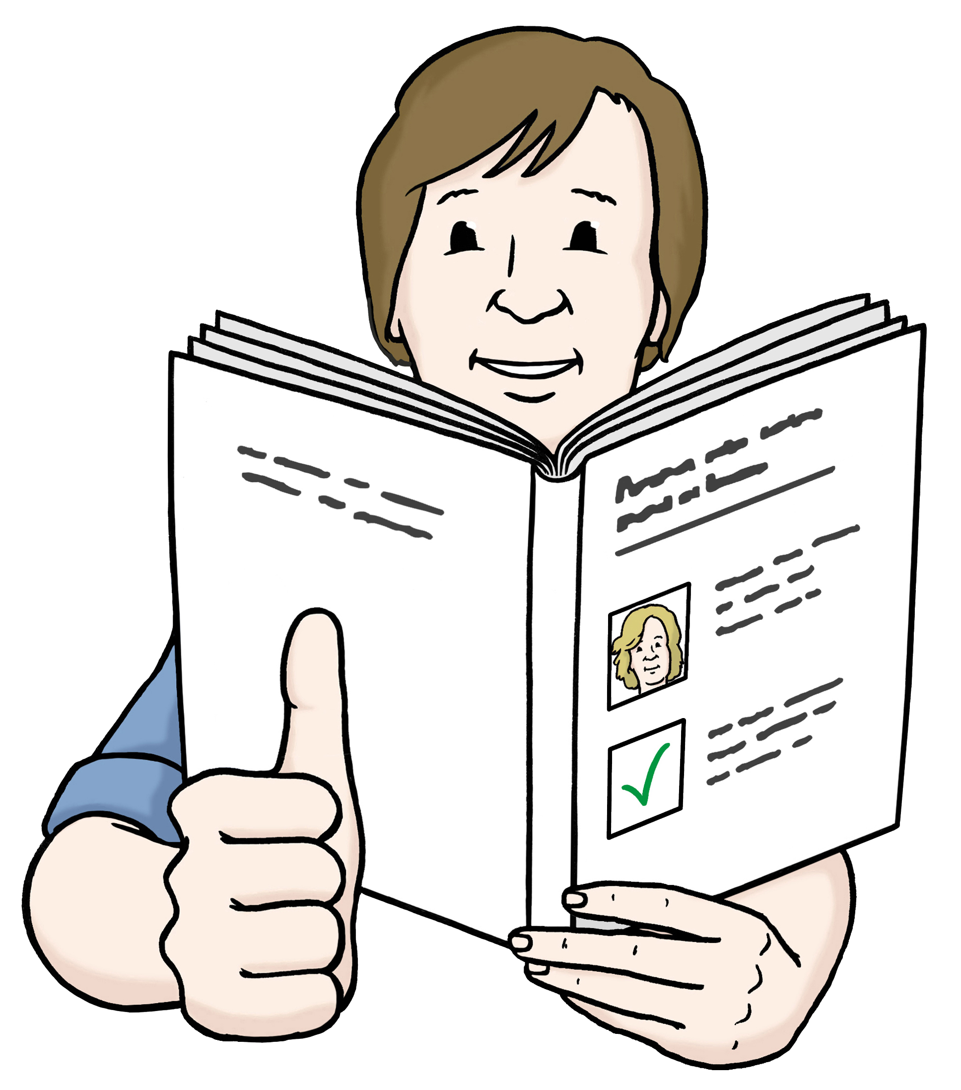 Gezeichneter Mann, der eine Zeitschrift in der Hand hält und den Daumen hochzeigt.  Gezeichneter Mann, der eine Zeitschrift in der Hand hält und den Daumen hochzeigt.