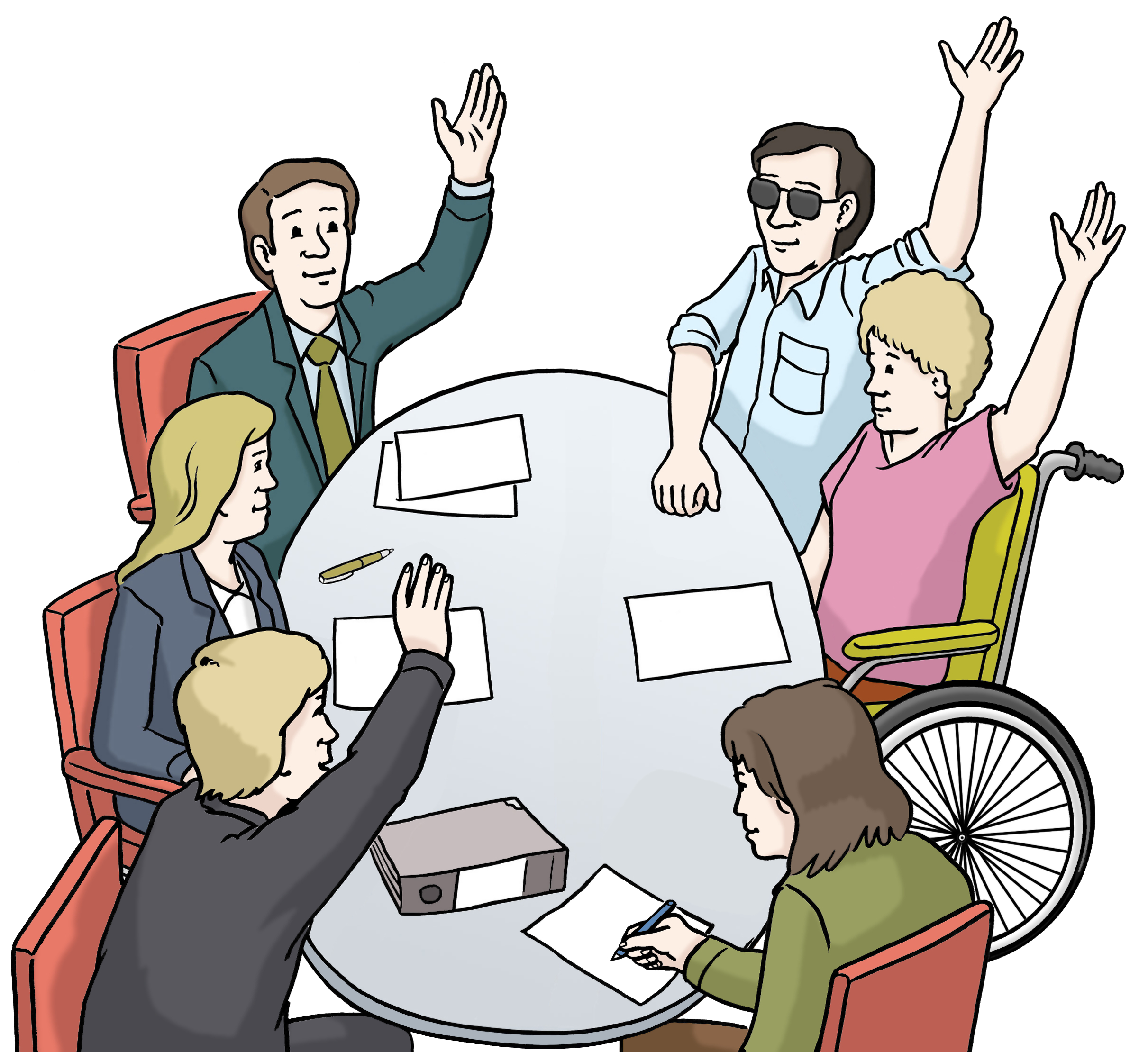 Zeichnung von mehreren Menschen mit und ohne Behinderungen an einem Tisch, die über etwas abstimmen. Zeichnung von mehreren Menschen mit und ohne Behinderungen an einem Tisch, die über etwas abstimmen.